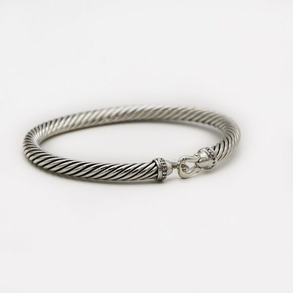 David Yurman 925 Silver and Diamonds Cable Hook Buckle Bangle Bracelet - Picture 1 of 7